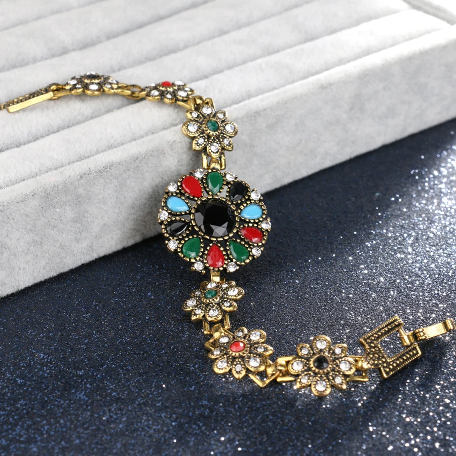 Turkish Sunflower Crystal Bracelet Antique Resin Boho Jewelry