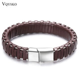 Stylish Men's Leather Bracelet with Stainless Steel Clasp