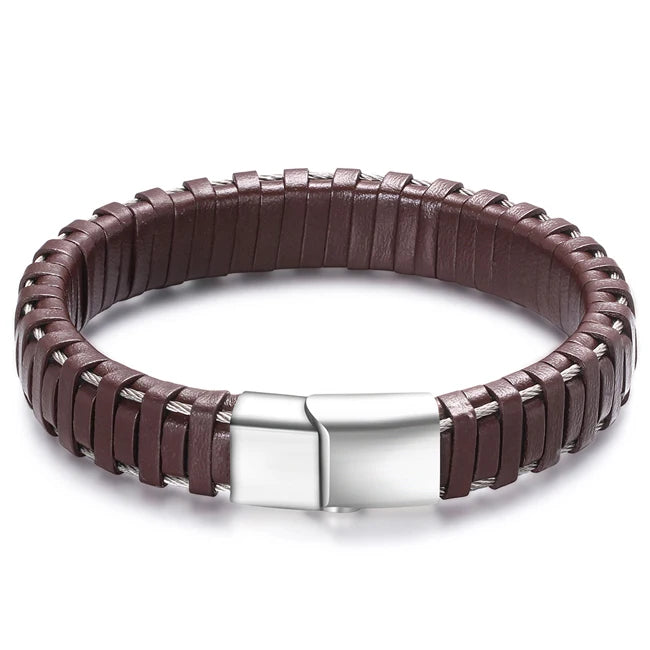 Stylish Men's Leather Bracelet with Stainless Steel Clasp