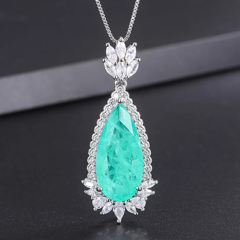 Vintage 12x26mm Emerald Paraiba Tourmaline Pendant Necklace for Women