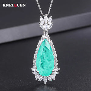 Vintage 12x26mm Emerald Paraiba Tourmaline Pendant Necklace for Women