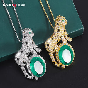 Vintage 13*18mm Emerald Stone Leopard Pendant Necklace for Women