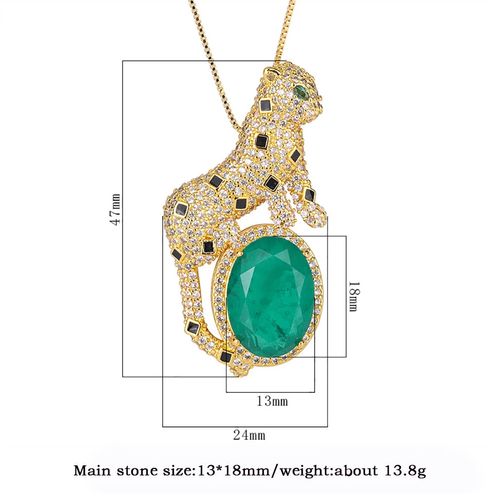Vintage 13*18mm Emerald Stone Leopard Pendant Necklace for Women
