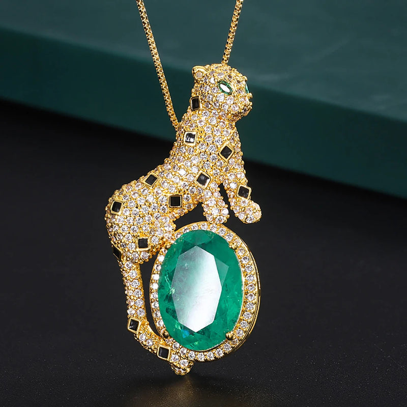 Vintage 13*18mm Emerald Stone Leopard Pendant Necklace for Women