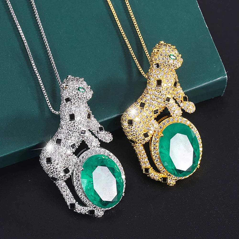 Vintage 13*18mm Emerald Stone Leopard Pendant Necklace for Women