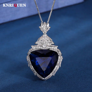 Vintage Sapphire Pendant Necklace with Lab Diamond for Women