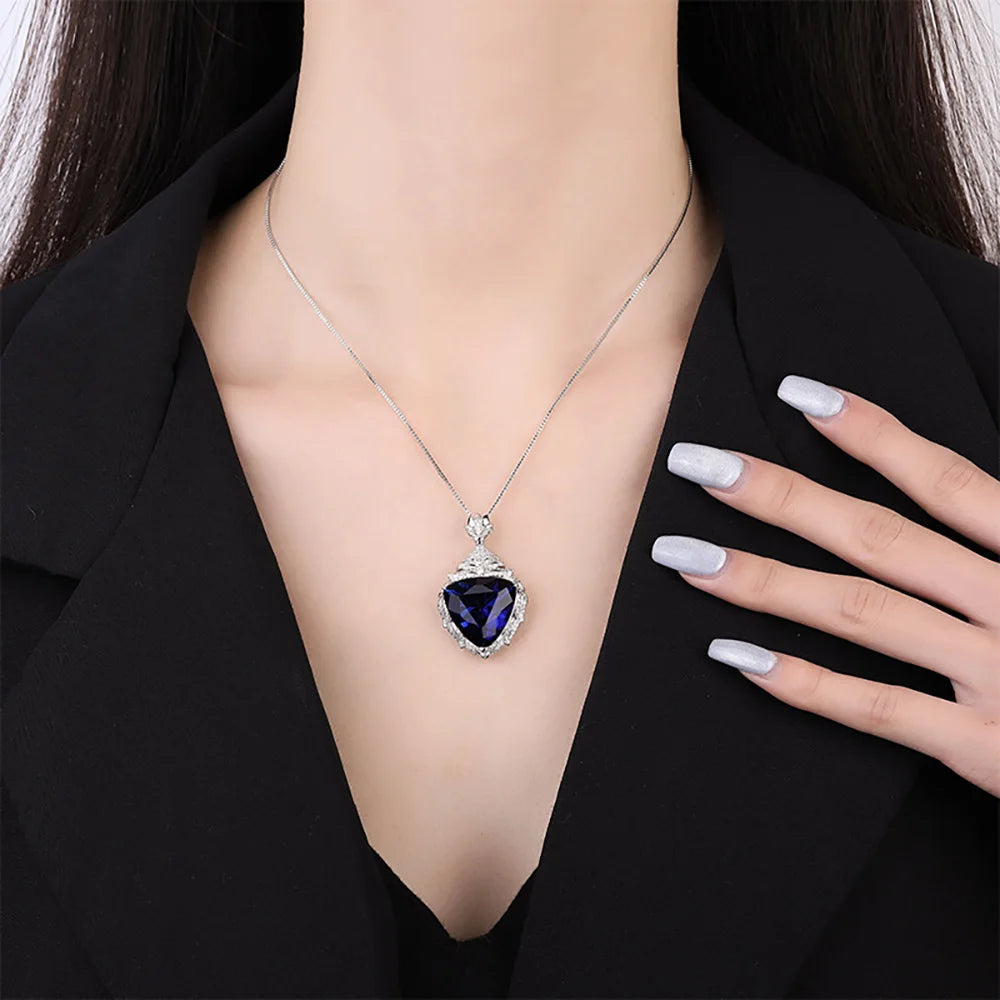 Vintage Sapphire Pendant Necklace with Lab Diamond for Women