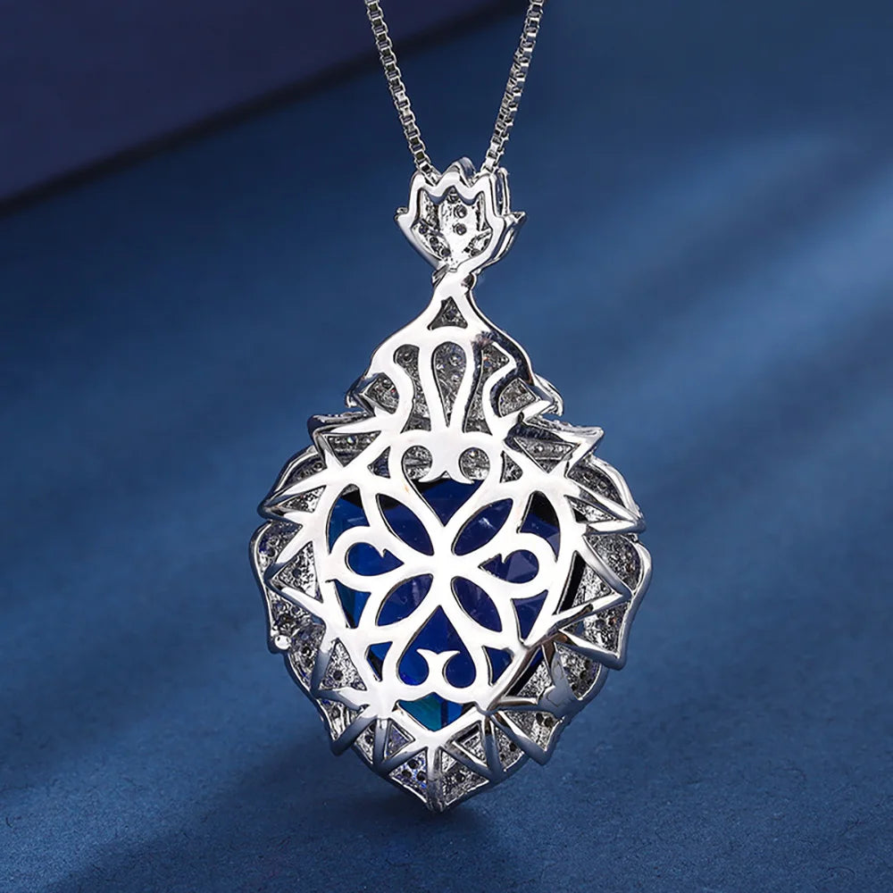 Vintage Sapphire Pendant Necklace with Lab Diamond for Women