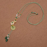 Vintage Jade Long Sweater Necklace for Women Green Agate Shell Flower
