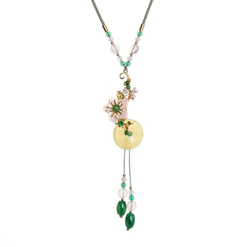Vintage Jade Long Sweater Necklace for Women Green Agate Shell Flower