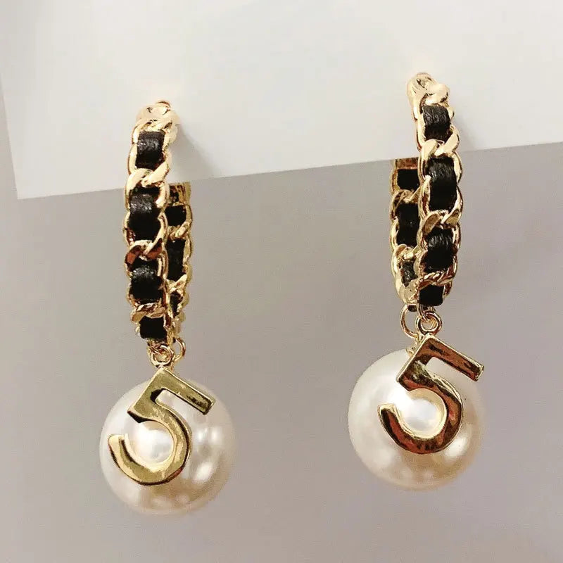 Vintage Number 5 Pearl Hoop Earrings Accessories for Girls