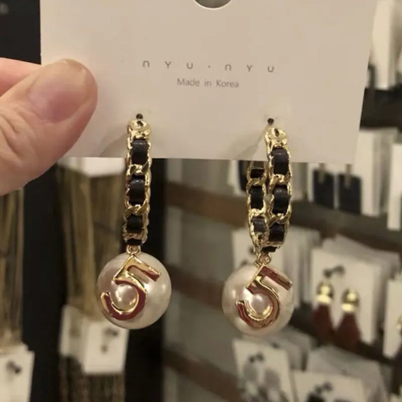 Vintage Number 5 Pearl Hoop Earrings Accessories for Girls