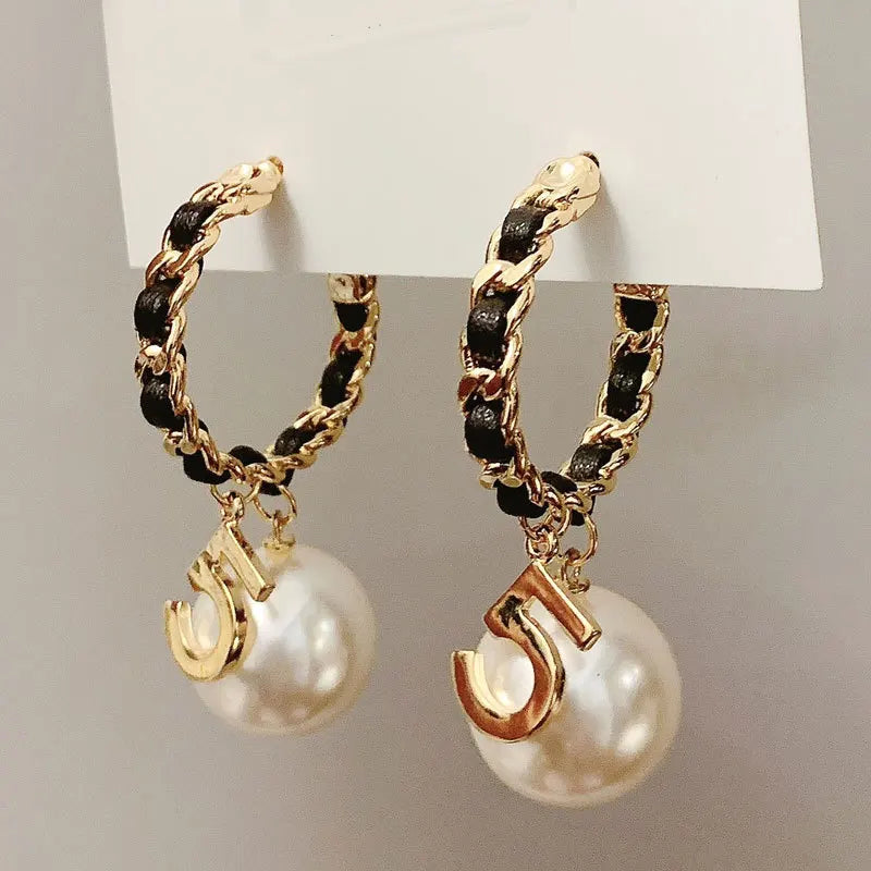 Vintage Number 5 Pearl Hoop Earrings Accessories for Girls