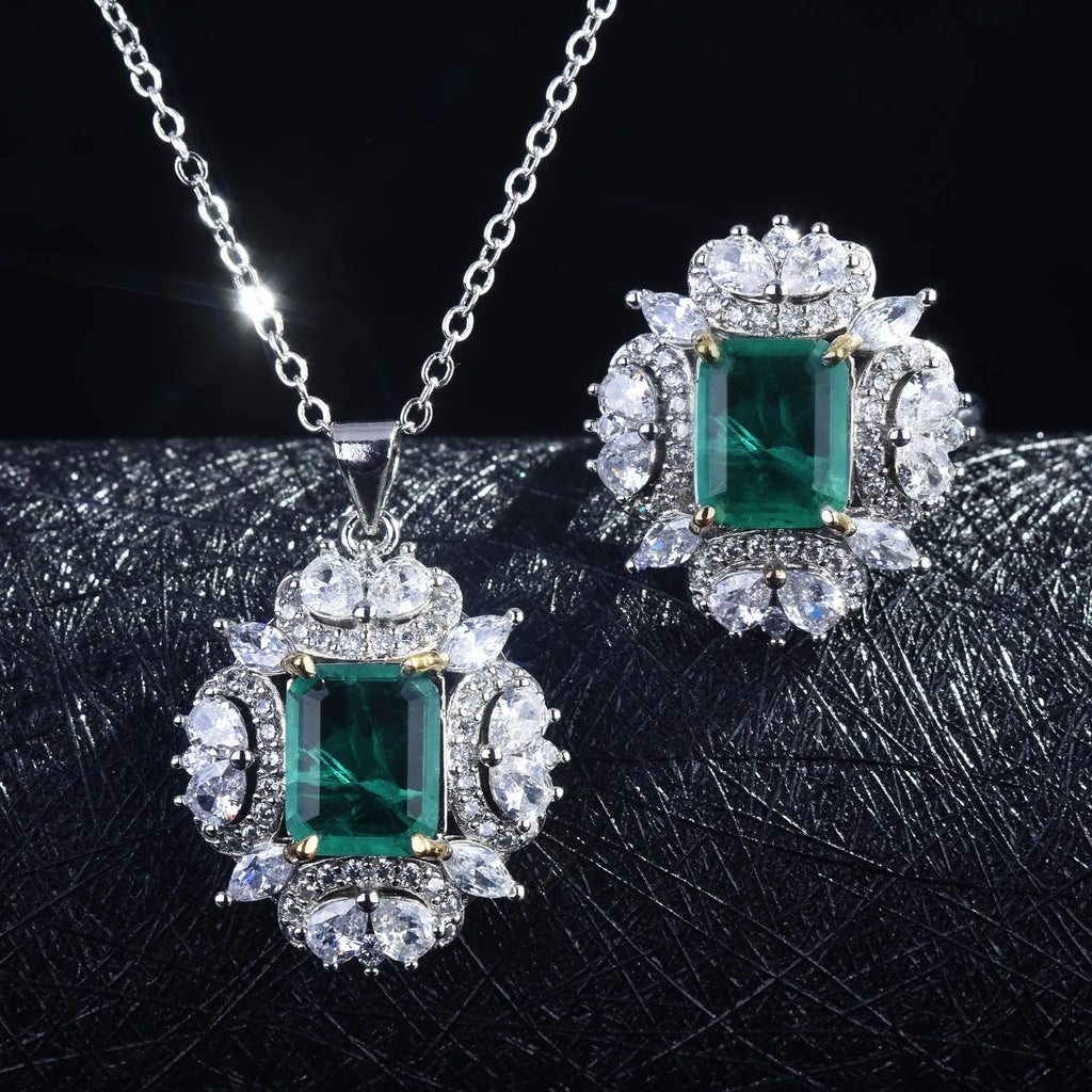 Vintage Silver Jewelry Set Square Nature Crystal Stone Wedding Bridal Party