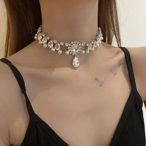 Crystal Choker Necklaces with Pearl Pendant