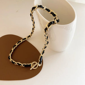Leather Chain Necklace Stainless Steel Choker Z291