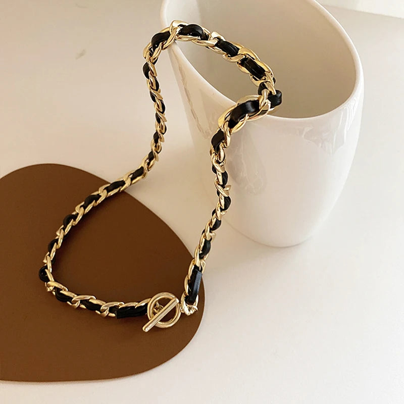 Leather Chain Necklace Stainless Steel Choker Z291