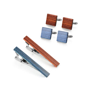 Wooden Square Cufflinks Tie Clip Set