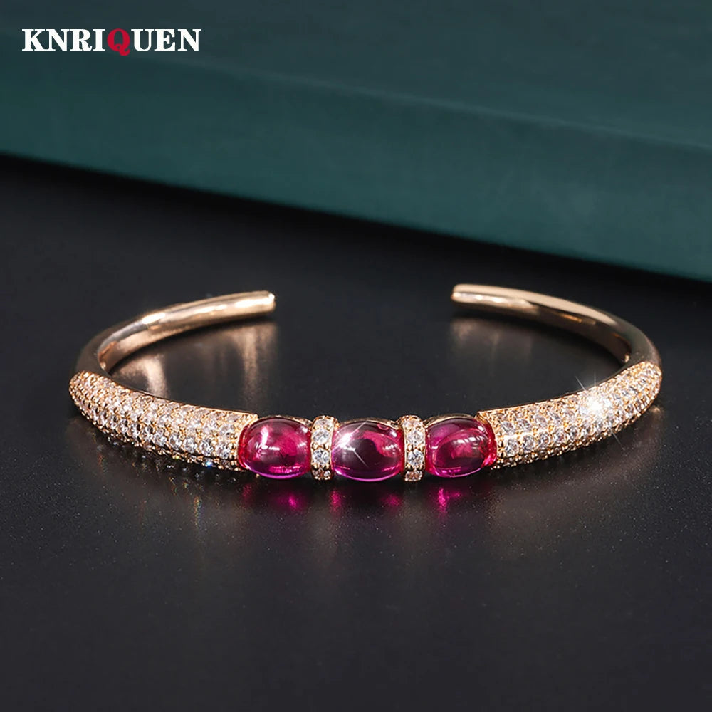 Vintage Ruby Stone Rose Cuff Bracelet Women Wedding Bangles Fine Jewelry