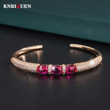 Vintage Ruby Stone Rose Cuff Bracelet Women Wedding Bangles Fine Jewelry