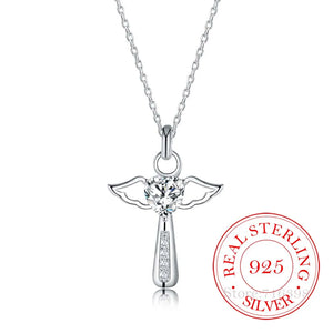 925 Silver Angel Wing Cross Pendant Necklace with Zirconia, Women Girls
