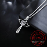 925 Silver Angel Wing Cross Pendant Necklace with Zirconia, Women Girls