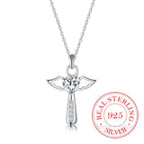 925 Silver Angel Wing Cross Pendant Necklace with Zirconia, Women Girls