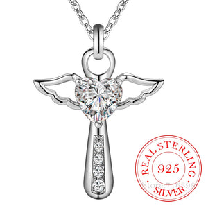 925 Silver Angel Wing Cross Pendant Necklace with Zirconia, Women Girls