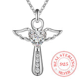 925 Silver Angel Wing Cross Pendant Necklace with Zirconia, Women Girls