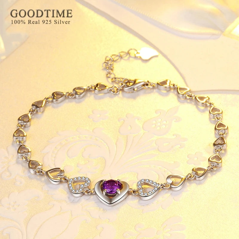 925 Silver Purple Crystal Heart Bracelet Wedding Gift