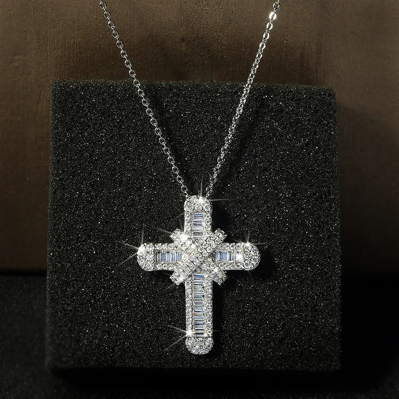 Crystal Cross Pendant Necklace Silver Chain Bride Wedding Necklace