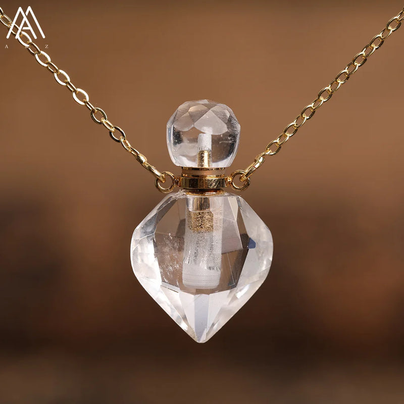 Heart Shape Roses Quartz Crystal Healing Essential Oil Bottle Pendant