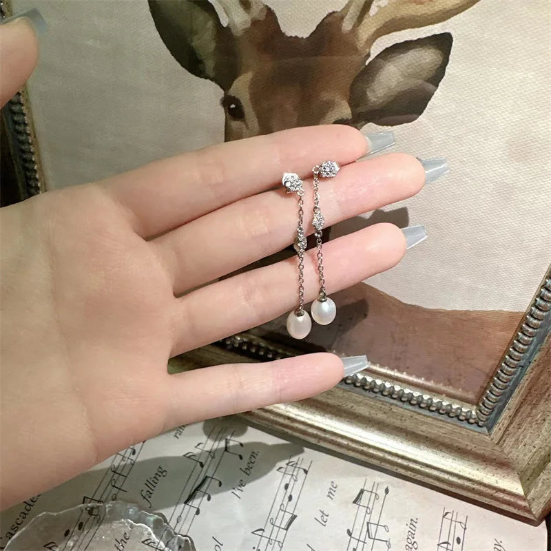 Pearl Zircon 925 Silver Bride Wedding Earrings