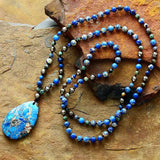 Pyrite Teardrop Pendant Necklace Beads Knotted Lariat Boho Necklace