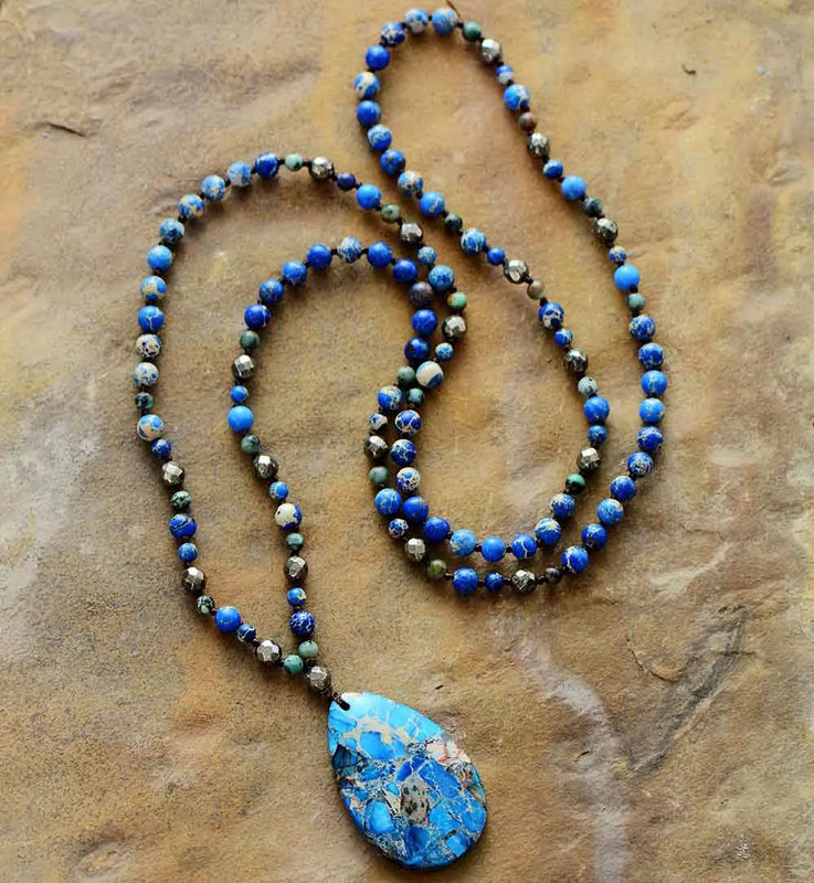 Pyrite Teardrop Pendant Necklace Beads Knotted Lariat Boho Necklace