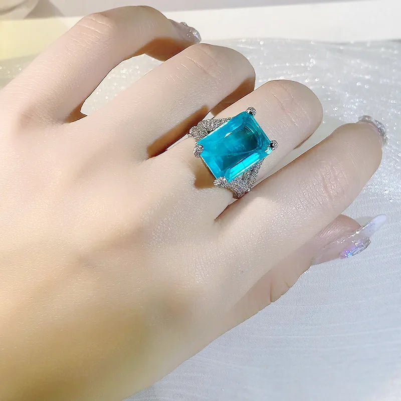Women Paraiba Tourmaline Stone Ring 925 Silver Large Wedding Rings
