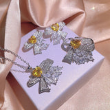 Yellow Heart Zircon Bow Necklace & Ring Set 925 Silver