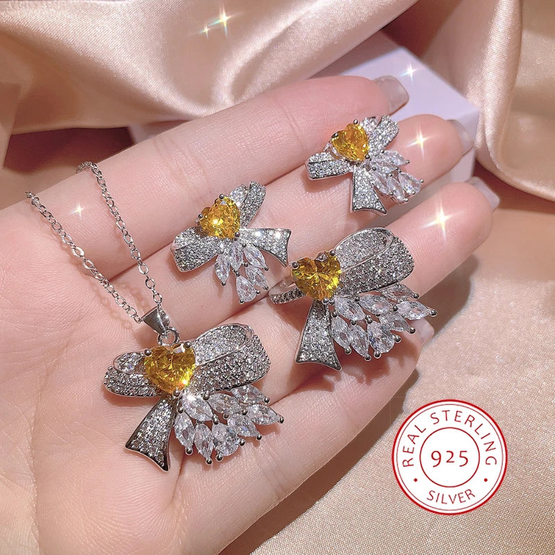 Yellow Heart Zircon Bow Necklace & Ring Set 925 Silver