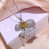 Yellow Heart Zircon Bow Necklace & Ring Set 925 Silver