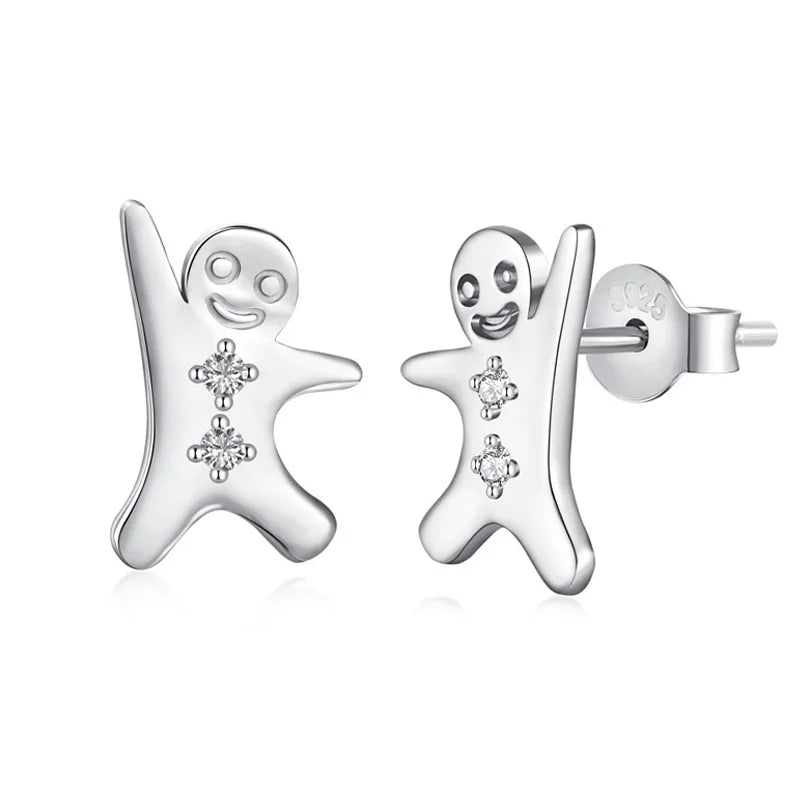 Zircon Christmas Cookie Man Stud Earrings 925 Silver Snowman Women