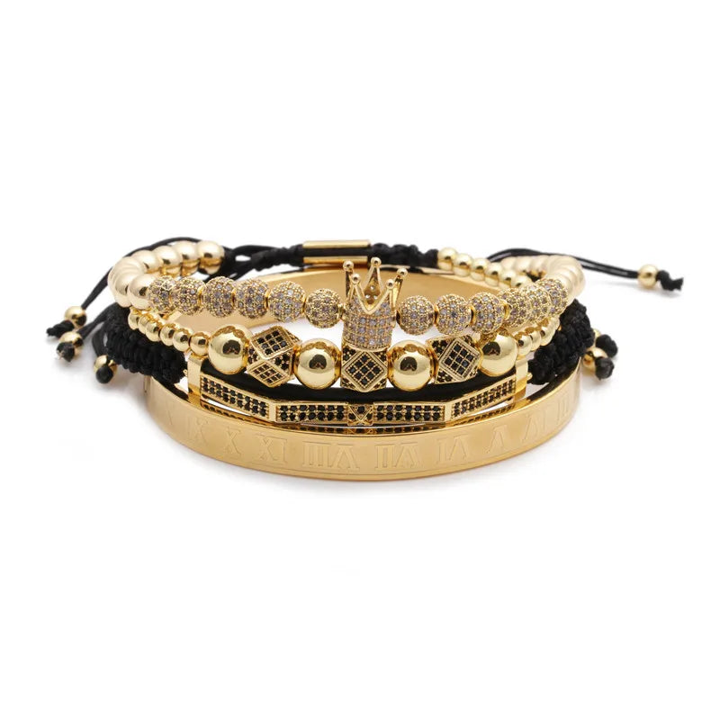 Zircon Crown Charm Bracelet 6MM Copper Beads Rope Braided for Women Men