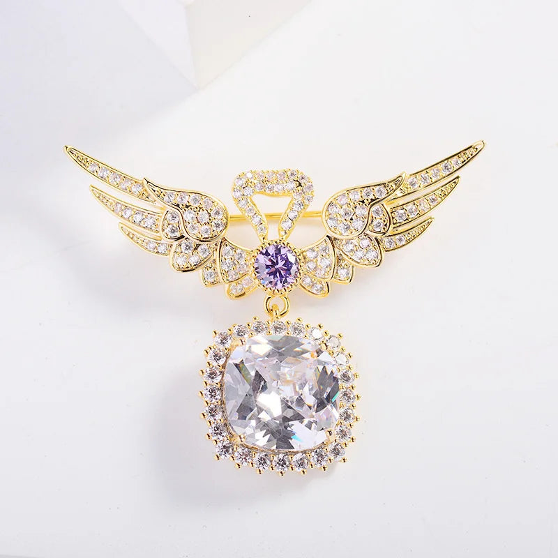 Zircon Wing Heart Drop Women Brooch Pins Gold-plated Creative Corsage Jewelry