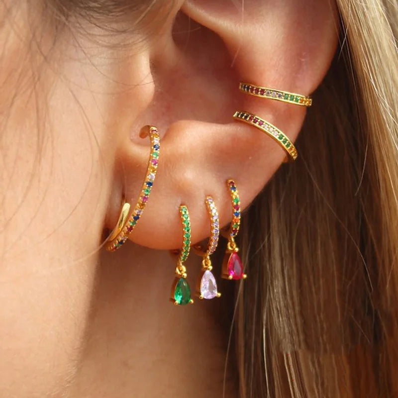 Rainbow Zircon Hoop Earrings Water Drop Piercing Multicolor Jewerly