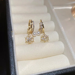 Zircon Pearl Snowflake Hoop Earrings for Women Christmas Gift Jewelry