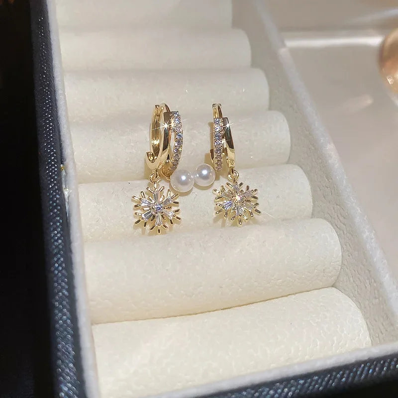 Zircon Pearl Snowflake Hoop Earrings for Women Christmas Gift Jewelry