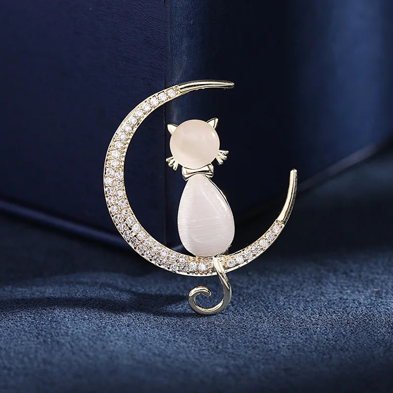 Opal Cat Brooches Pins for Women Anti-glare Buckle