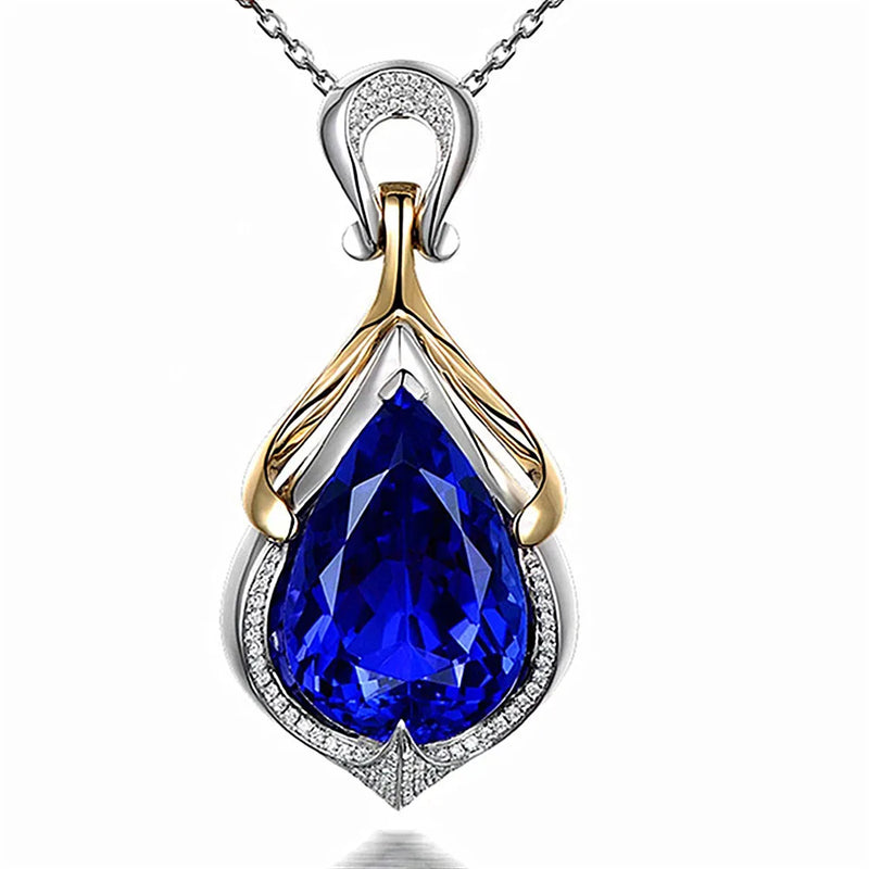 10ct Crystal Sapphire Gemstone Diamond Pendant Necklace Silver Choker