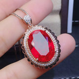 Oval Gemstone Pendant Necklace Red Crystal Diamonds Rose Jewelry