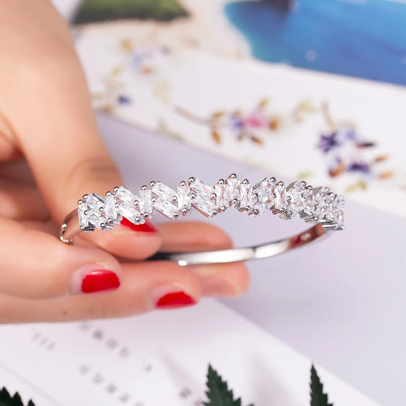 Square Stone Engagement Bracelet - Pave Setting Bangle for Women Wedding