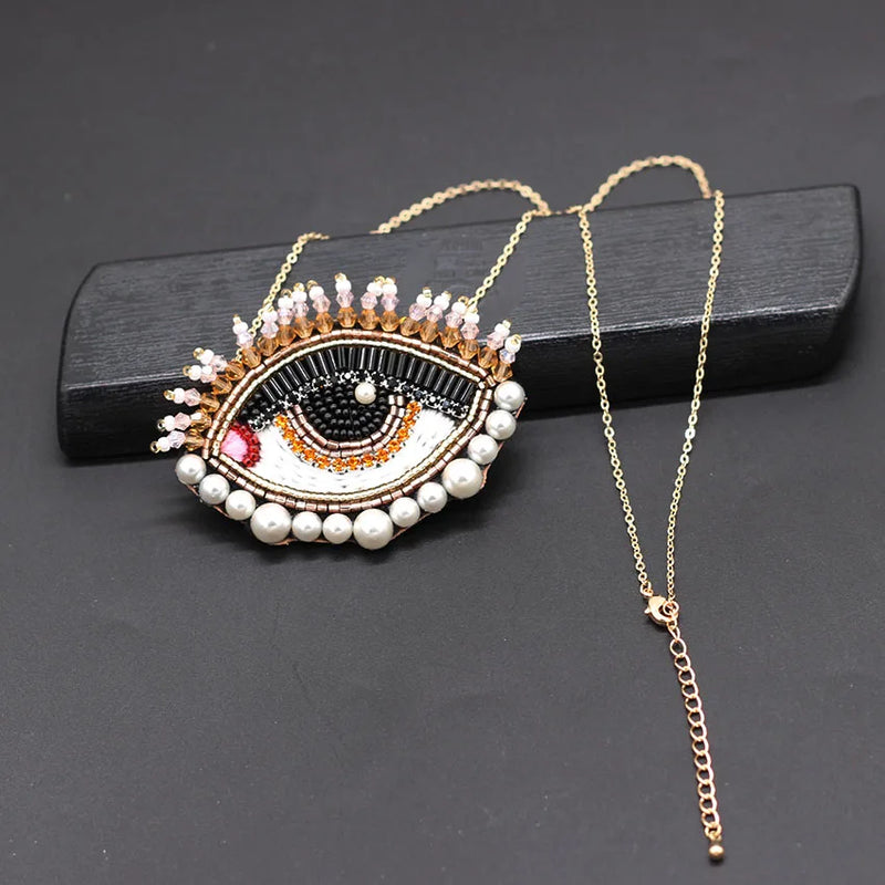 Crystal Necklace Big Eyes Rice Beads Crystal Tassel Eyelashes Necklace
